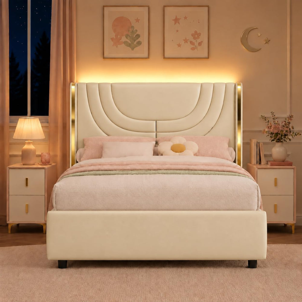 Twin Size Bed Frame with LED Lights and Gold Wingback Headboard,Cream