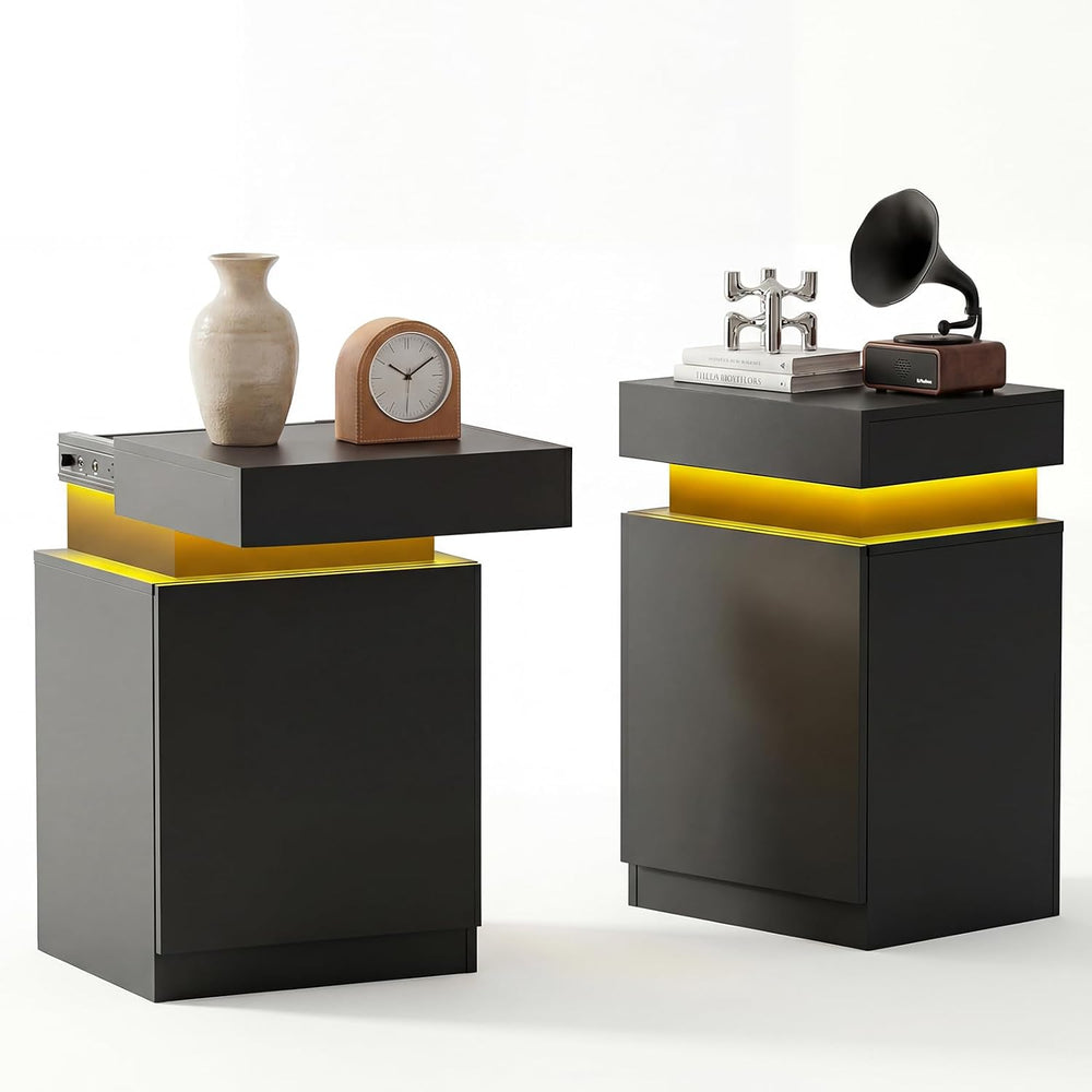 Black Nightstands Set of 2 Modern Nightstand with Charging Station