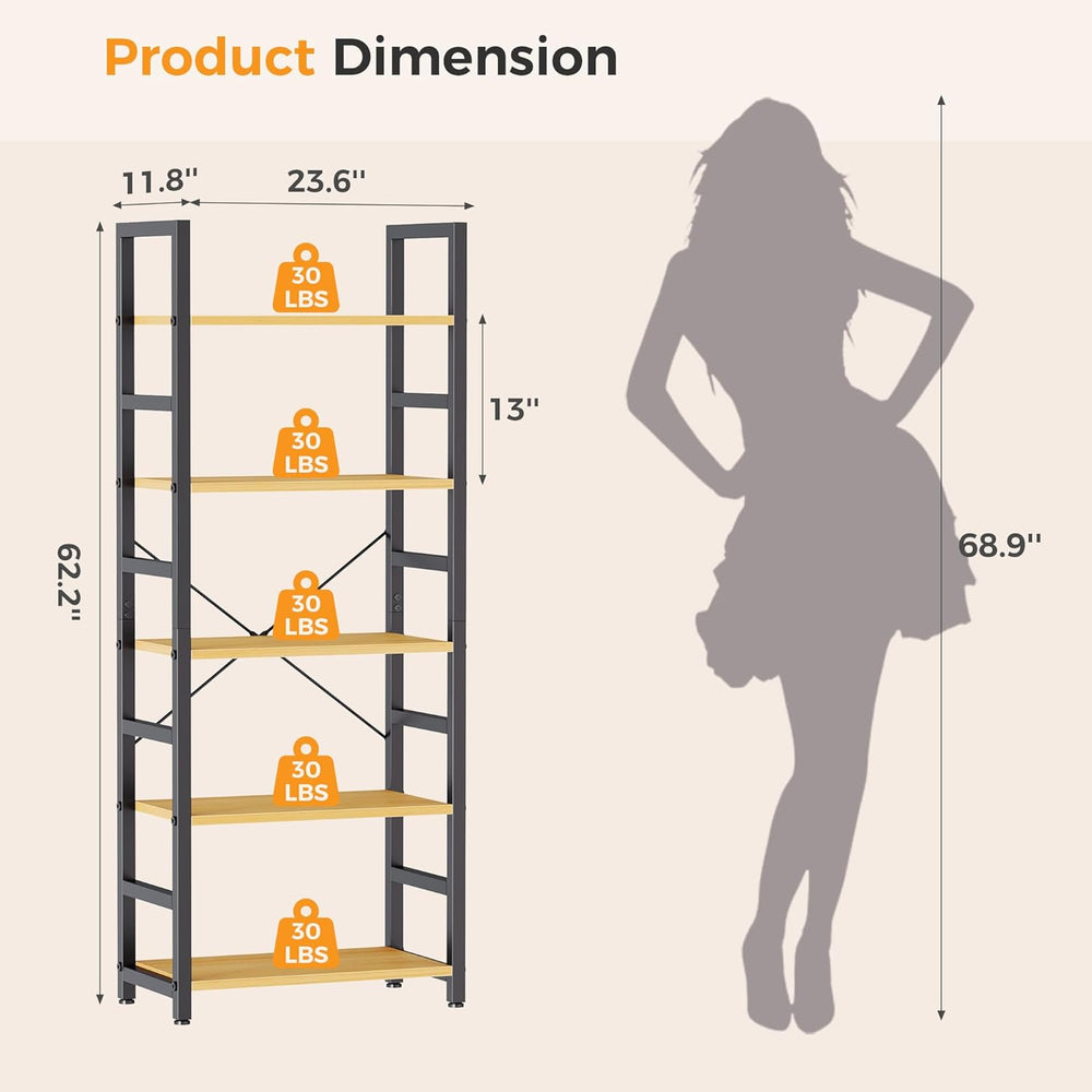 DUMOS 5-Tier Bookshelf, Modern Tall Bookcase Book Shelf Storage Organizer