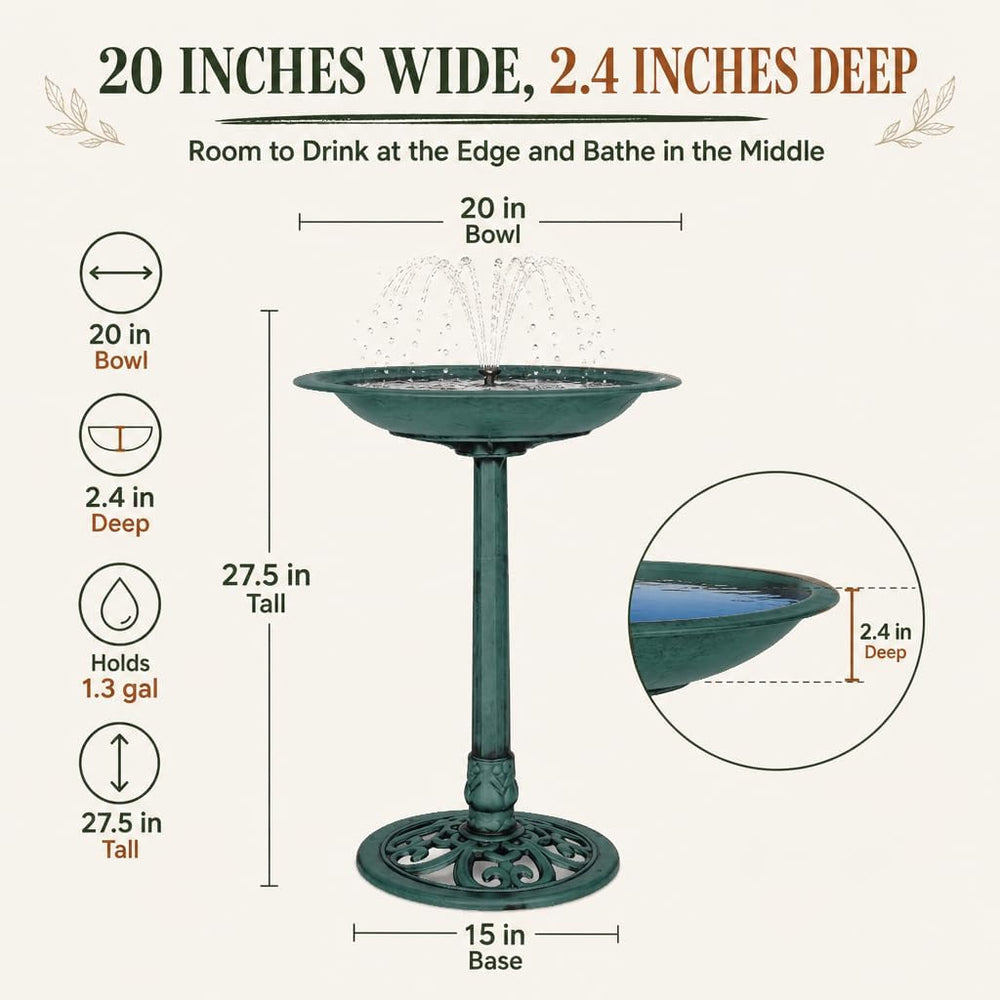 Backyard Expressions Green Bird Bath for Outside, Solar Bird Bath Fountain