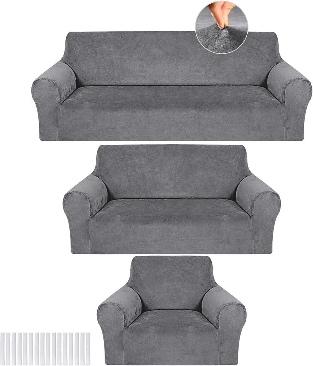 Peryiter 3 Pcs Couch and Loveseat Sofa Covers,Light Gray,Velvet