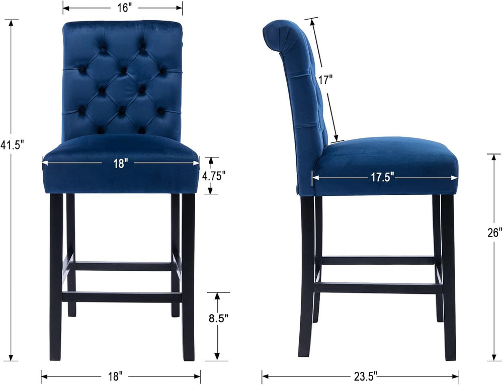 26" Blue Velvet Bar Stools Set of 4 with Button Tufted Back
