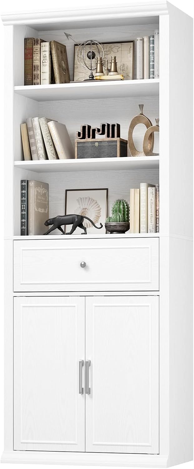 Rresyet Bookshelf with Doors and Drawers, 6-Tier, 72 Inch, White