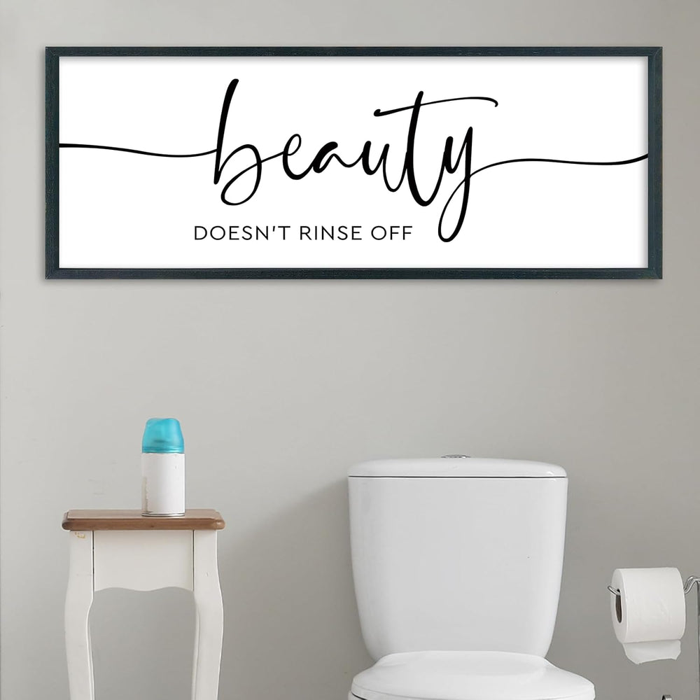 Framed Bathroom Sign Beauty Doesn't Rinse Off Wall Decor 32 x 12 Inch Black