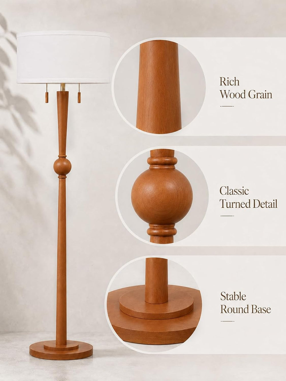 MOFFE Solid Wood Floor Lamp for Living Room,Pull Chains Standing Lamp