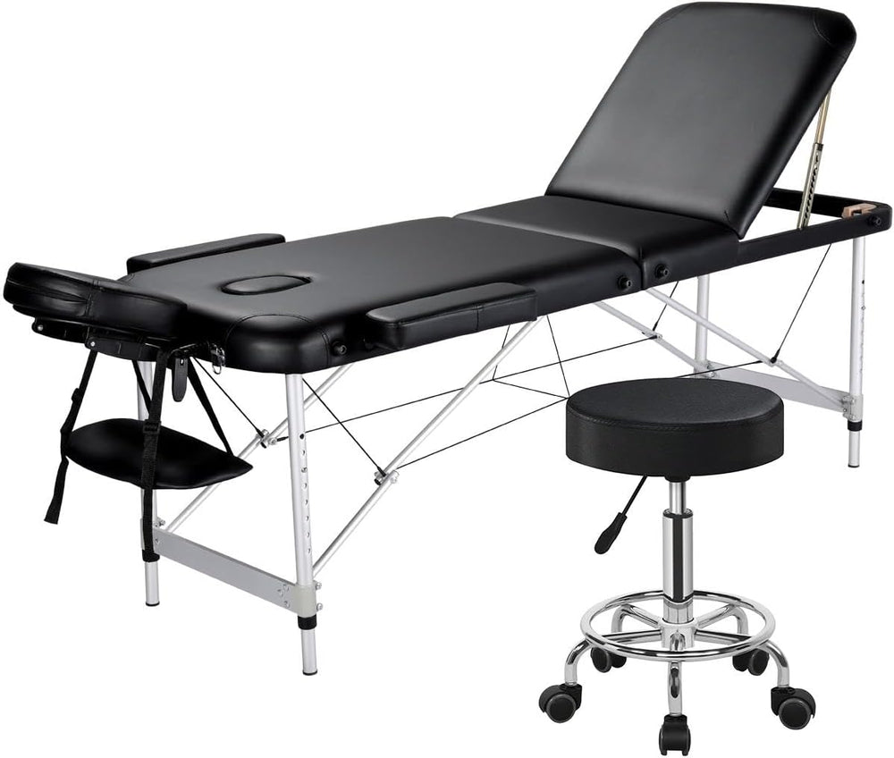 Yaheetech Aluminum Folding Massage Table with Stool Height Adjustable Black
