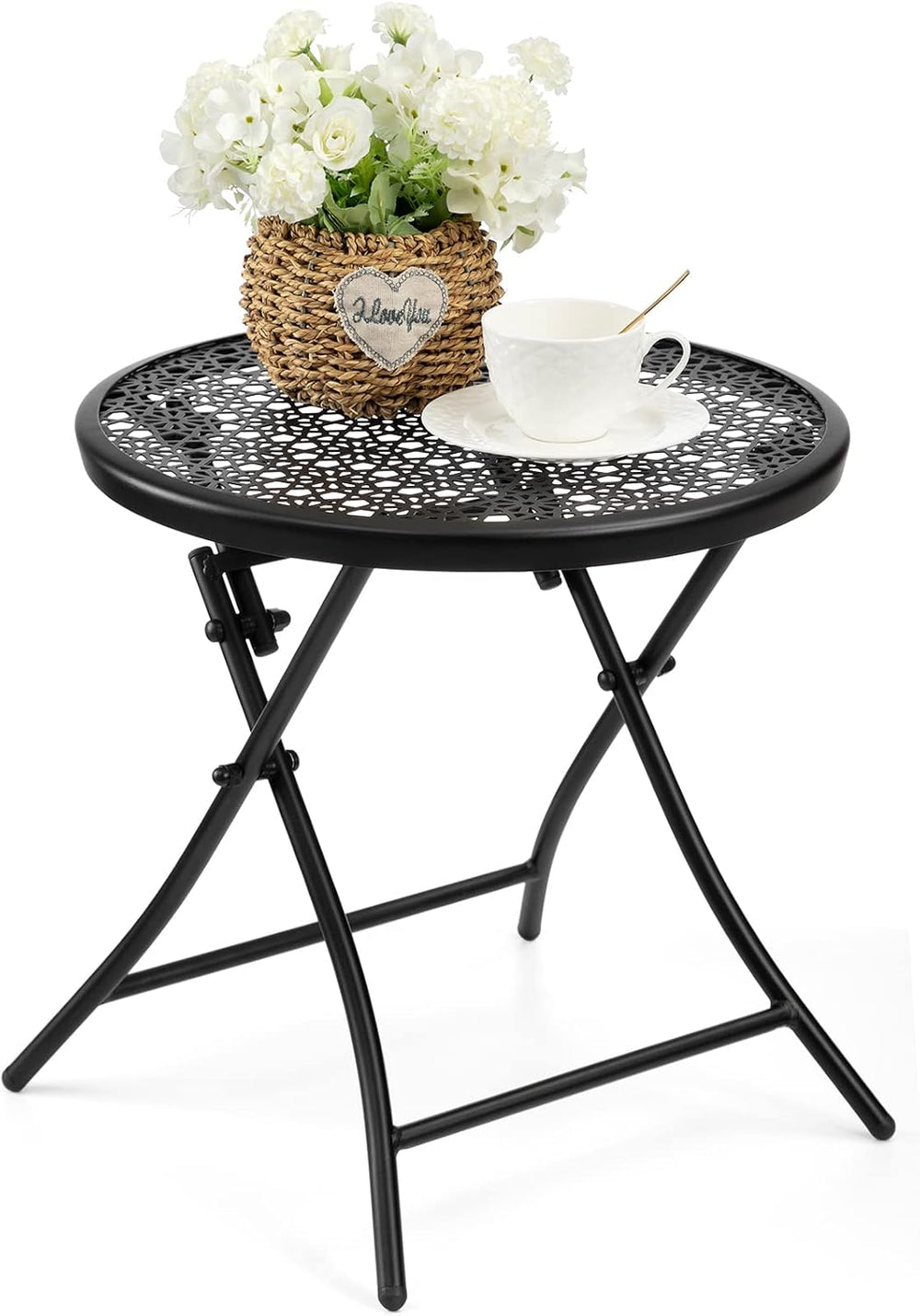 TeoKJ Folding Small Outdoor Side Table, No Assembly Patio Metal Desk, Black