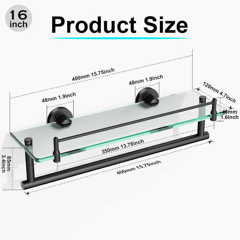 Bathroom Towel Rack with Tempered Glass Shelf 16 Inch, Matte Black Floating W...