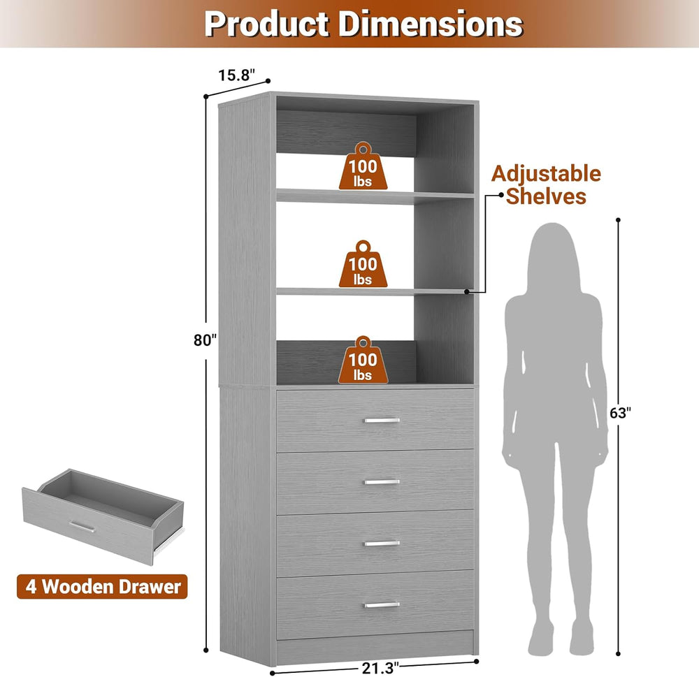 Aheaplus Closet Drawers System, 21.3" Wood Closet Organizer with 4 Drawers