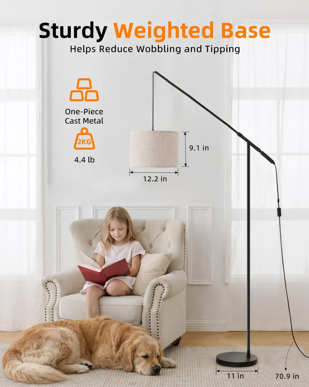 Arc Floor Lamp with Remote Control, LED Reading Light for Living Room