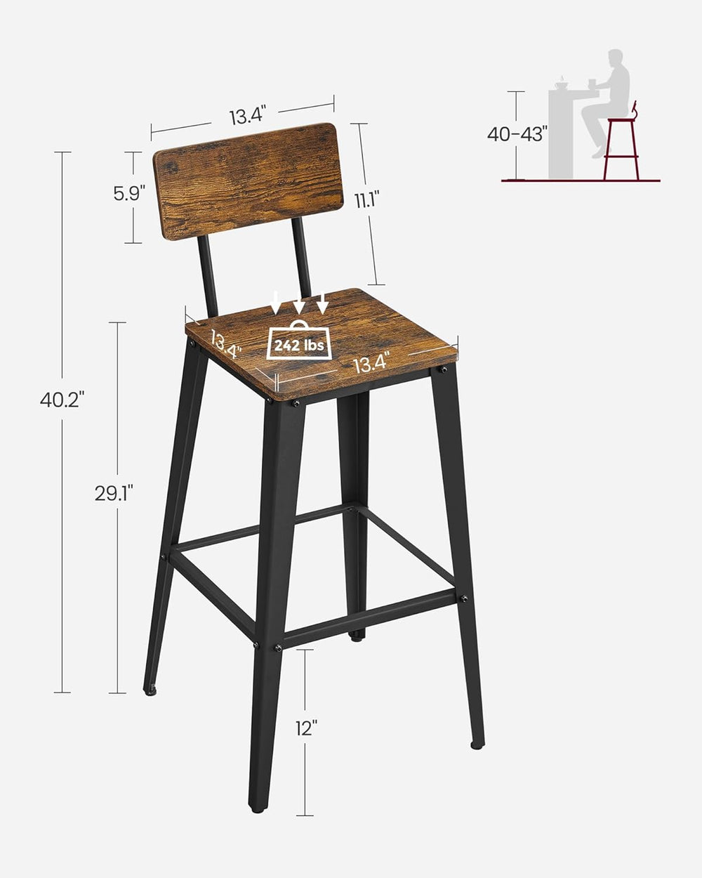 VASAGLE Bar Stools Set of 2, 29.7 Inches Tall, with Back, Steel Frame
