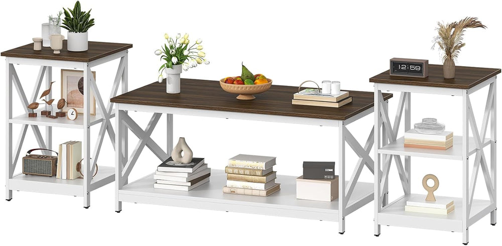 Bigbiglife Living Room Coffee Table Set of 3, Industrial X-Design Coffee Tabl...