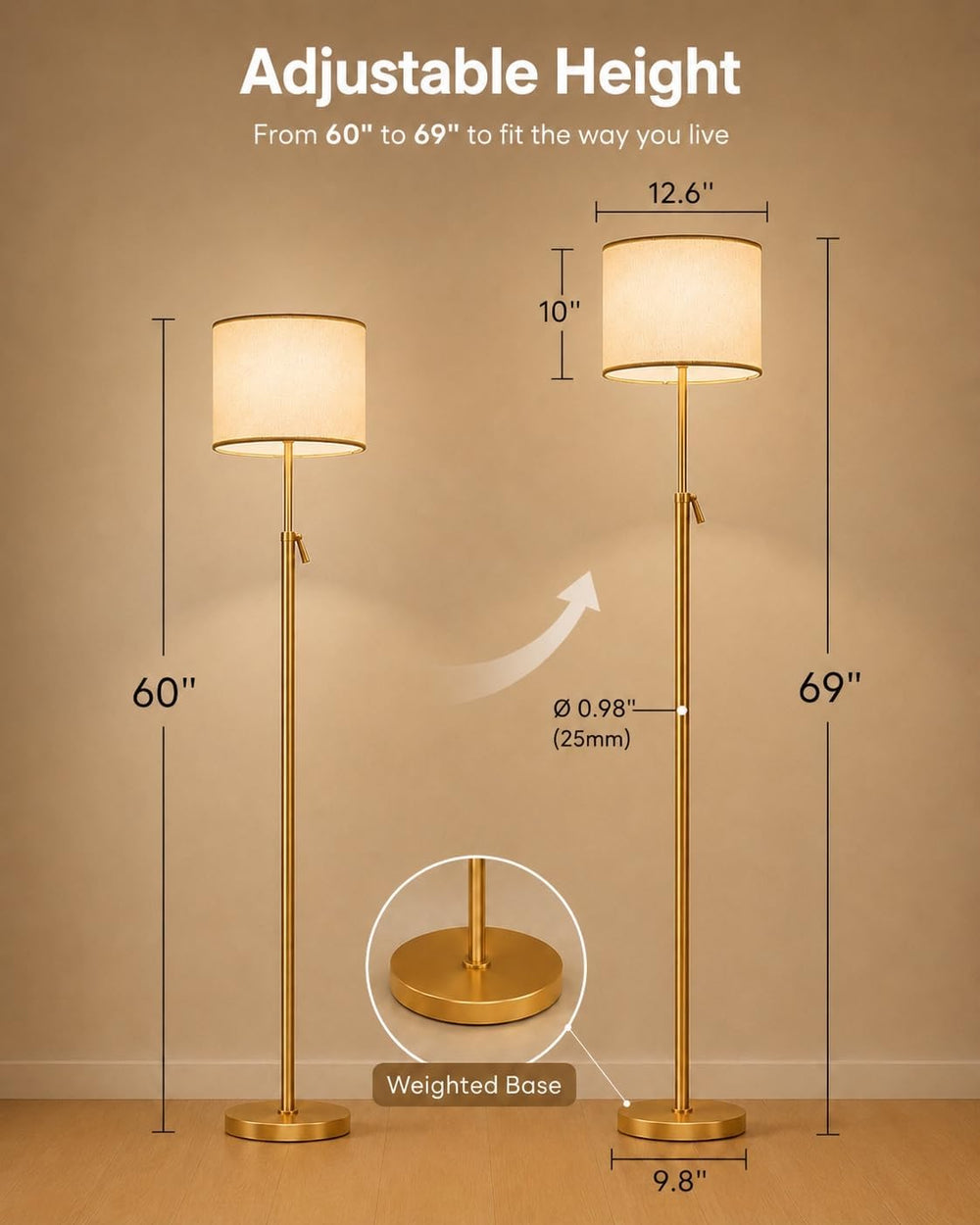 Height Adjustable Floor Lamp, RGB Color Changing LED, 60"-69"