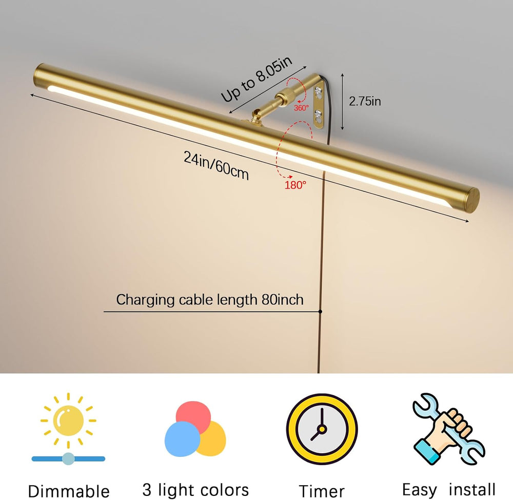 24" Plug in Picture Light 9W Gold Art Light with Remote