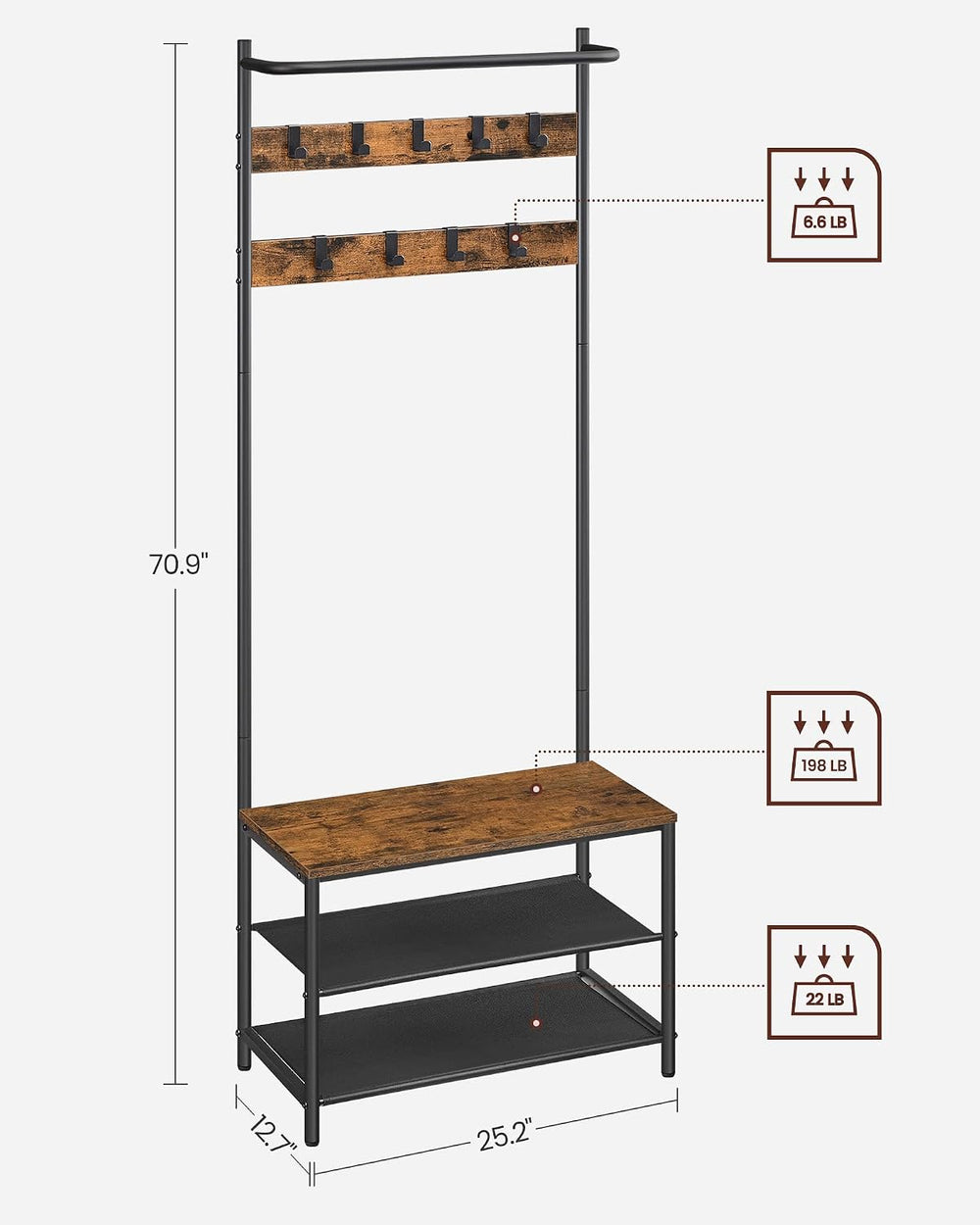 VASAGLE Hall Tree with Bench and Shoe Storage, 9 Movable Hooks, Top Bar