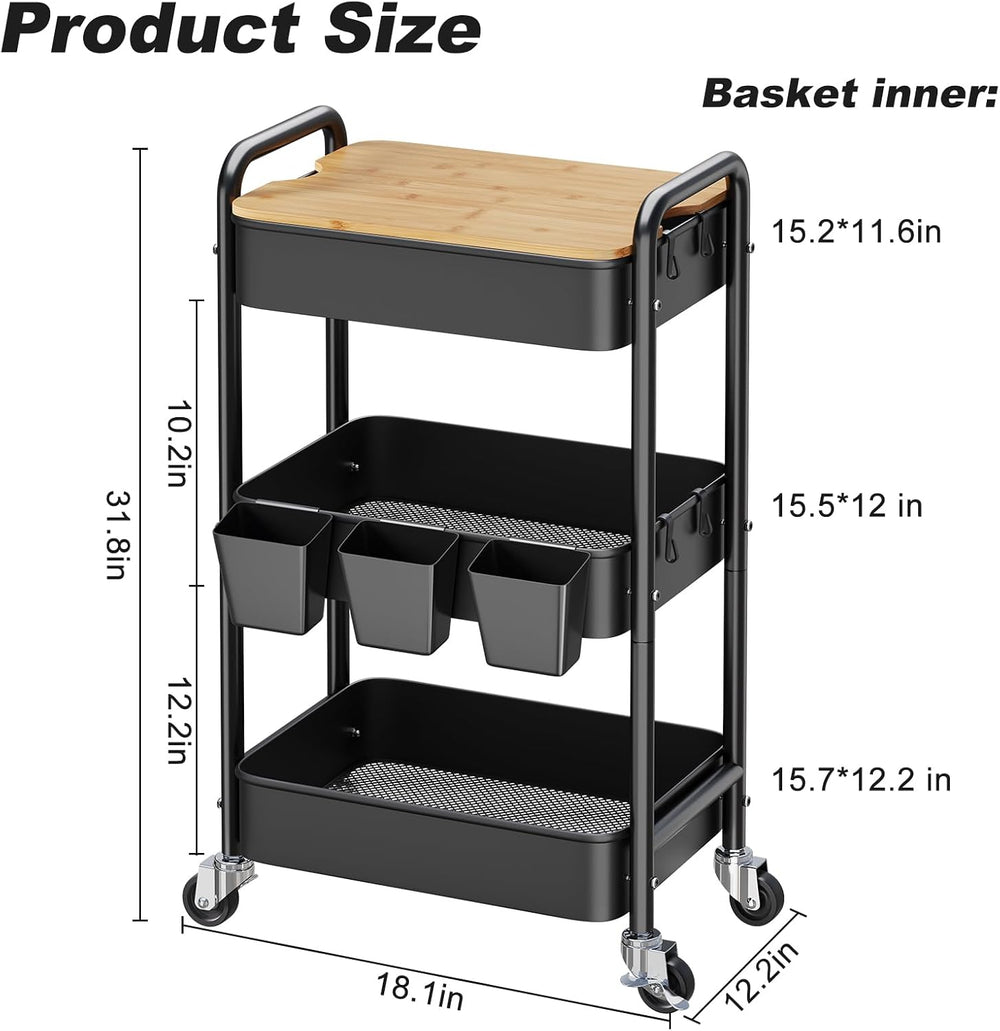 3 Tier Storage Rolling Cart with Wood Table Top on Lockable Wheels(Black)