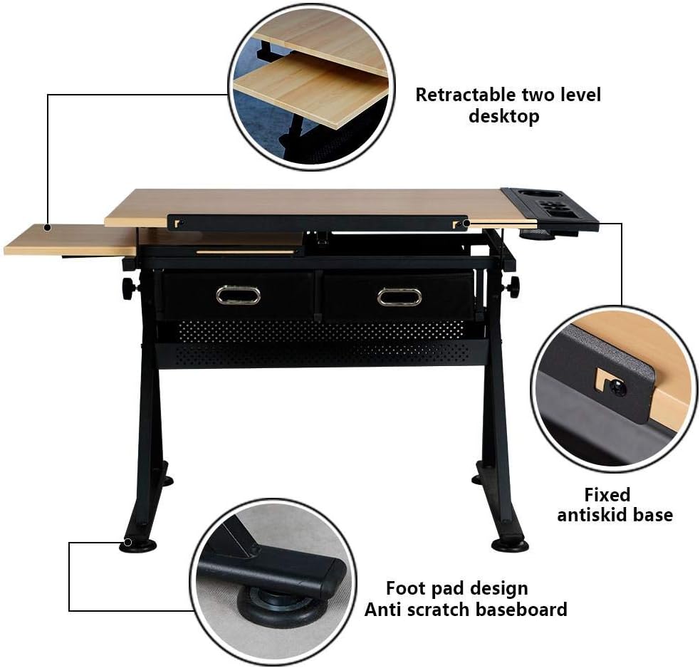 Topeakmart Height Adjustable Wood Drafting Table Drawing Art Desk Tiltable