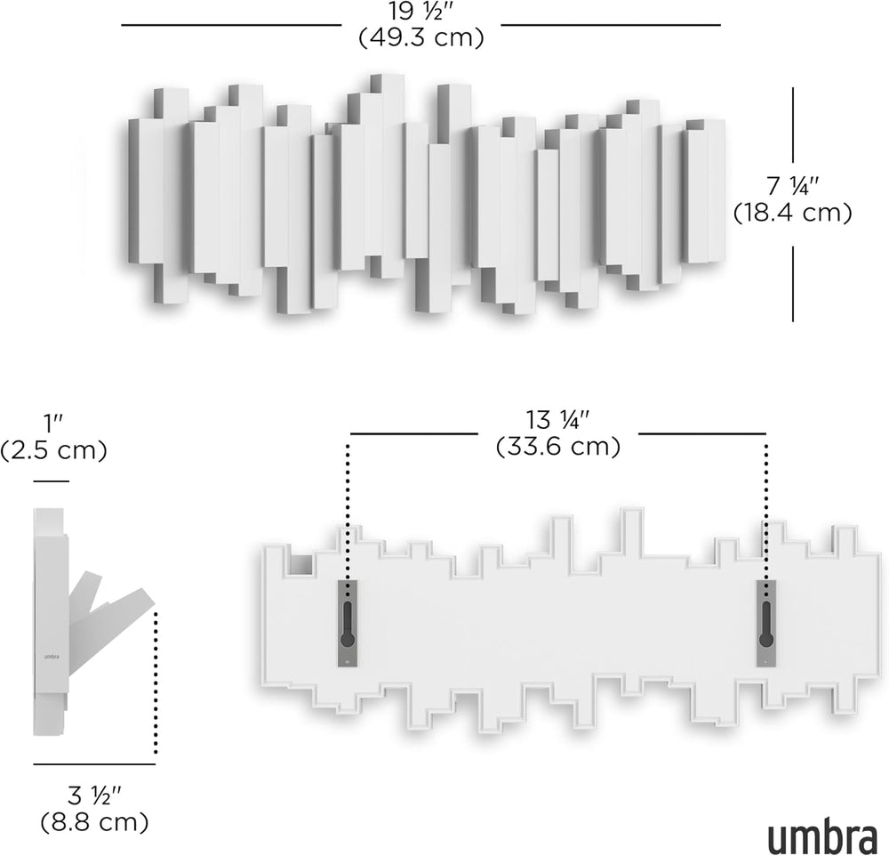 Umbra Sticks Wall Mount Coat Rack, 5 Hook Retractable Pegs, White