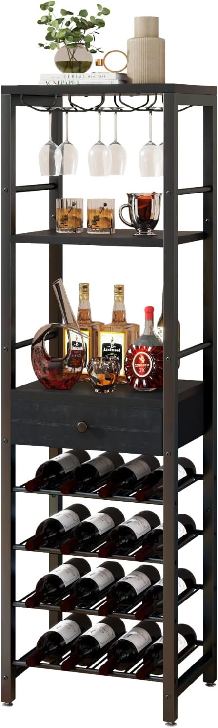 IBUYKE Wine Rack Freestanding Floor with Glass Holder,Black TMJ905B