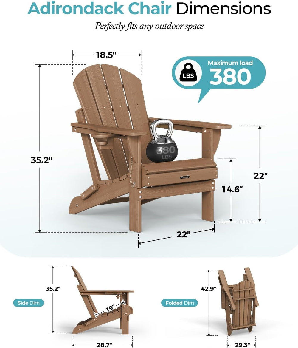 Ciokea Folding Adirondack Chairs Set of 2 with Cup Holder, HDPE, Teak