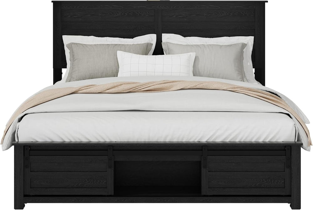 Wooden Queen Bed Frame with Headboard, Farmhouse Storage, Barn Door