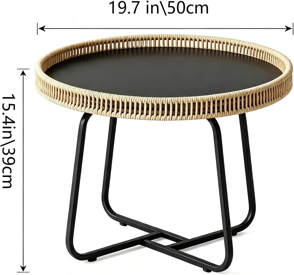 Small Boho Coffee Table Round Rattan, 20 inch Side Table Wicker Metal Legs