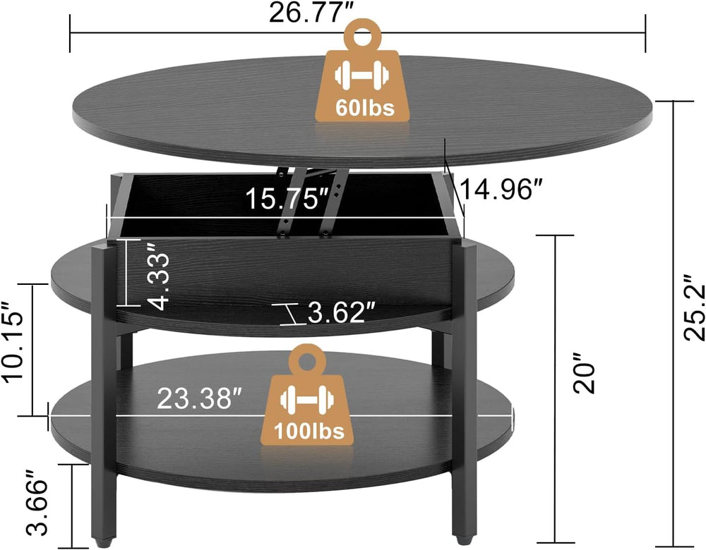 FABATO 26.77” Round Lift Top Coffee Table with Storage, Black