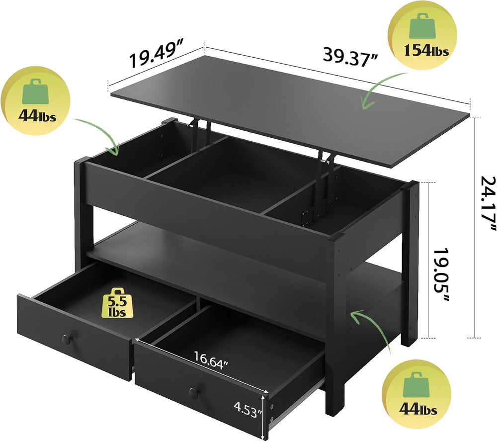 WLIVE Lift Top Coffee Table with 2 Drawers, Black