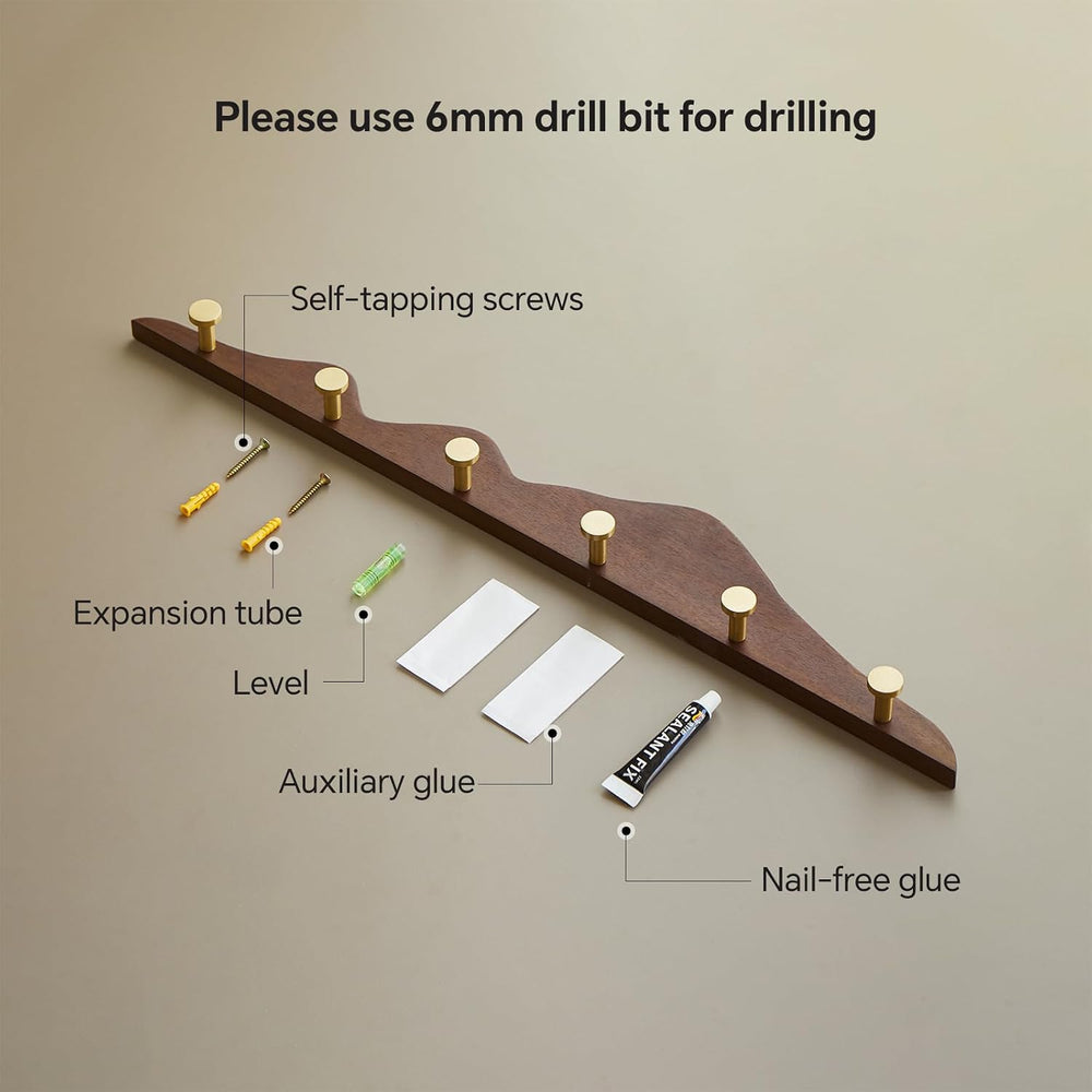 Wall Coat Rack, Walnut Wood, 6 Hooks