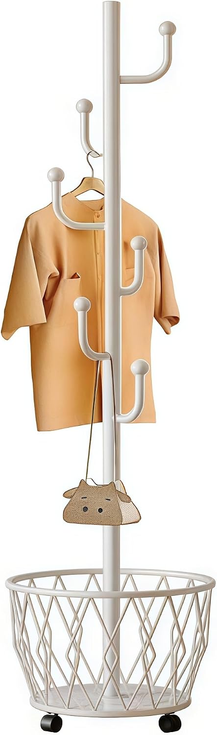 Off-White Moveable Cactus Metal Coat Rack with Basket Freestanding