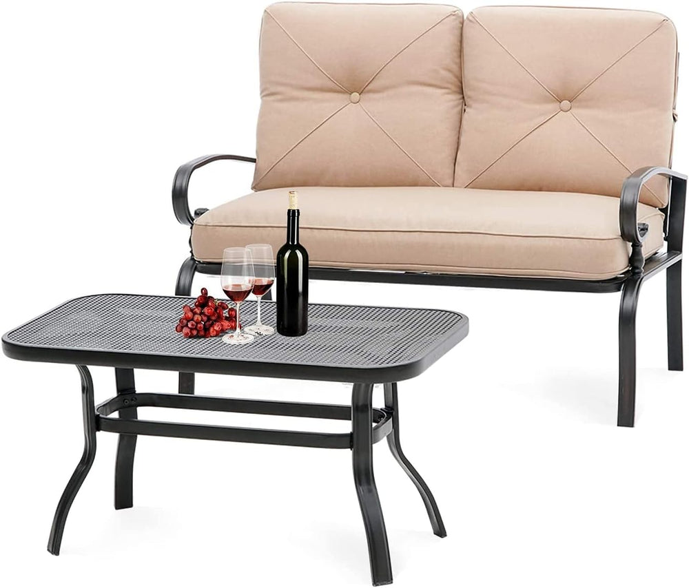 Outdoor 2 Pcs Patio Loveseat Bench Set with Bistro Coffee Table and Patio Ste...
