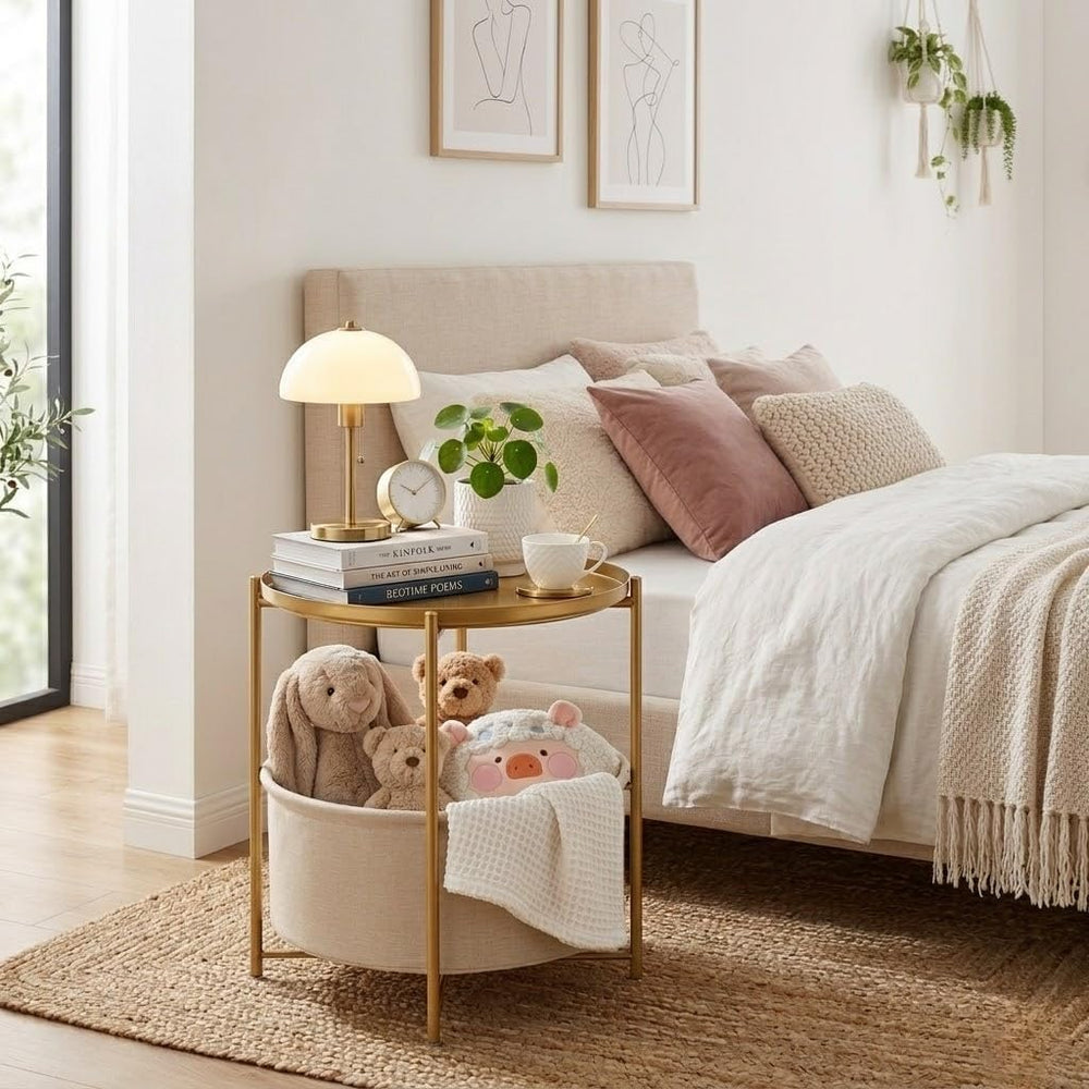 danpinera Gold Side Table with Basket, Small Round Table for Living Room