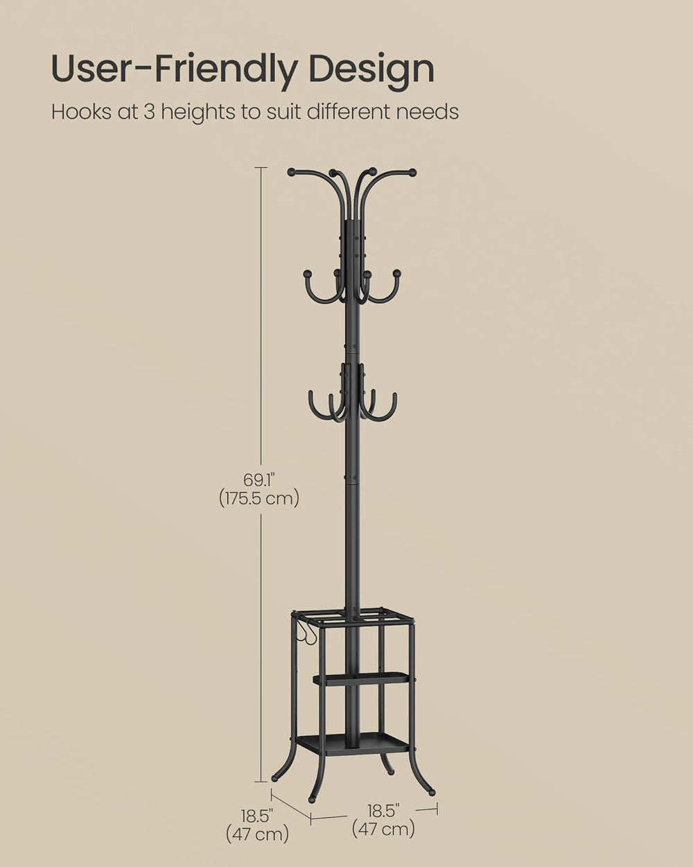 SONGMICS Metal Coat Rack Freestanding, with Umbrella Holderl, 12 Hooks