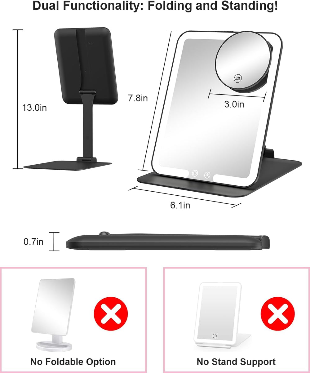 Gospire Travel Makeup Mirror with Lights and Magnification 10X, Black