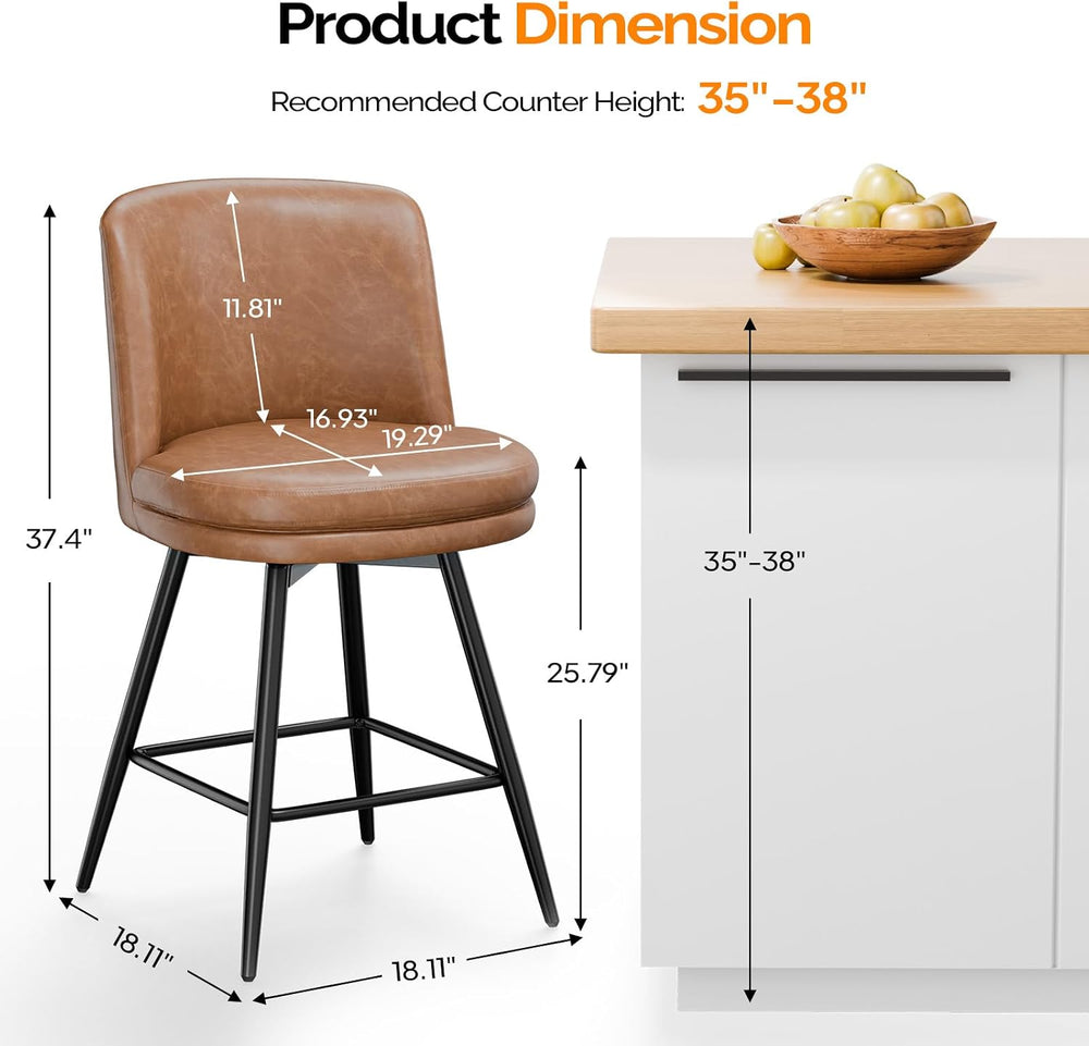 VINGLI 26" H Swivel Barstools Set of 2, PU Faux Leather Upholstered Coun...