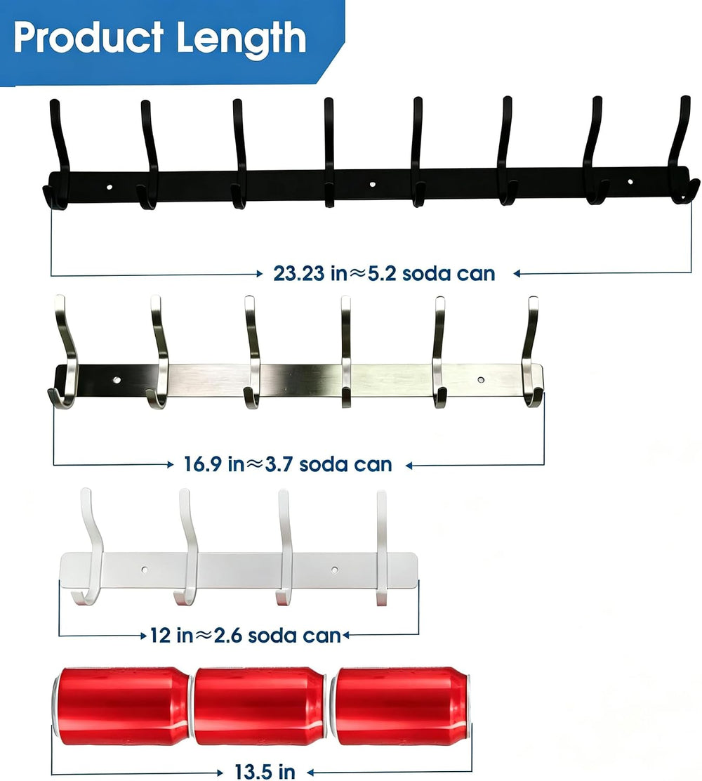 23 Inch Coat Rack Wall Mount with 8 Hooks, 2 Pack Silver Wall Hooks