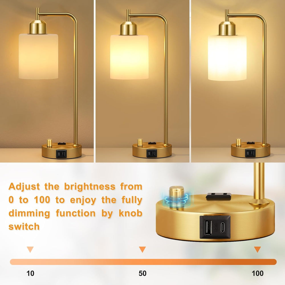 Innqoo Gold Lamp for Bedroom - Industrial Bedside Table Lamp with USB Port an...
