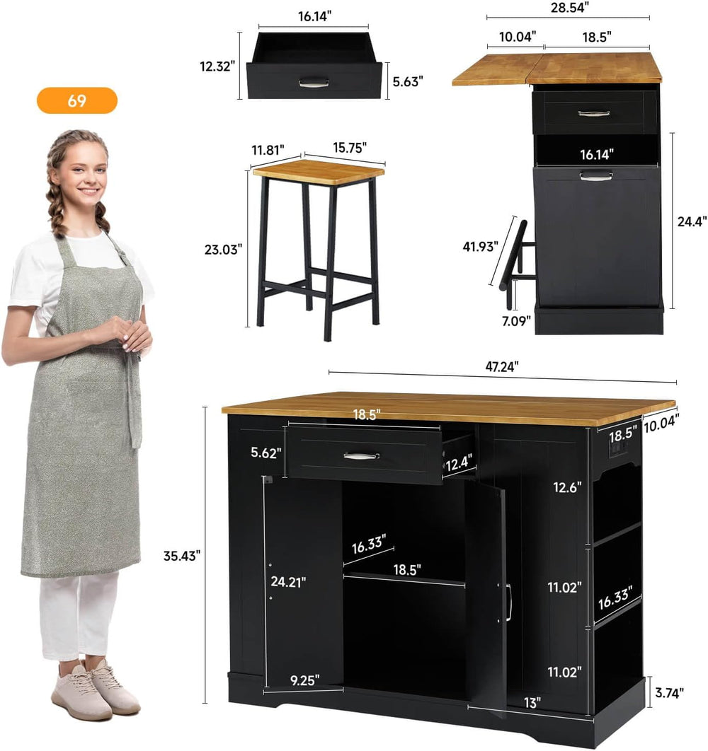 ONBRILL 47" Kitchen Island with Trash Can Storage, Include 2 Chairs, Black