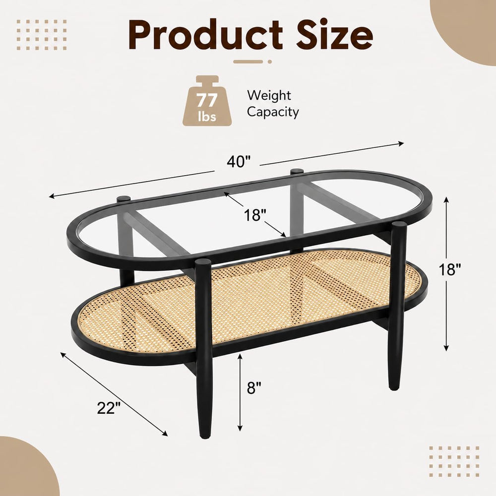 NAFORT Rattan Coffee Table, 2-Tier Oval Modern Center Table with Tempered Gla...