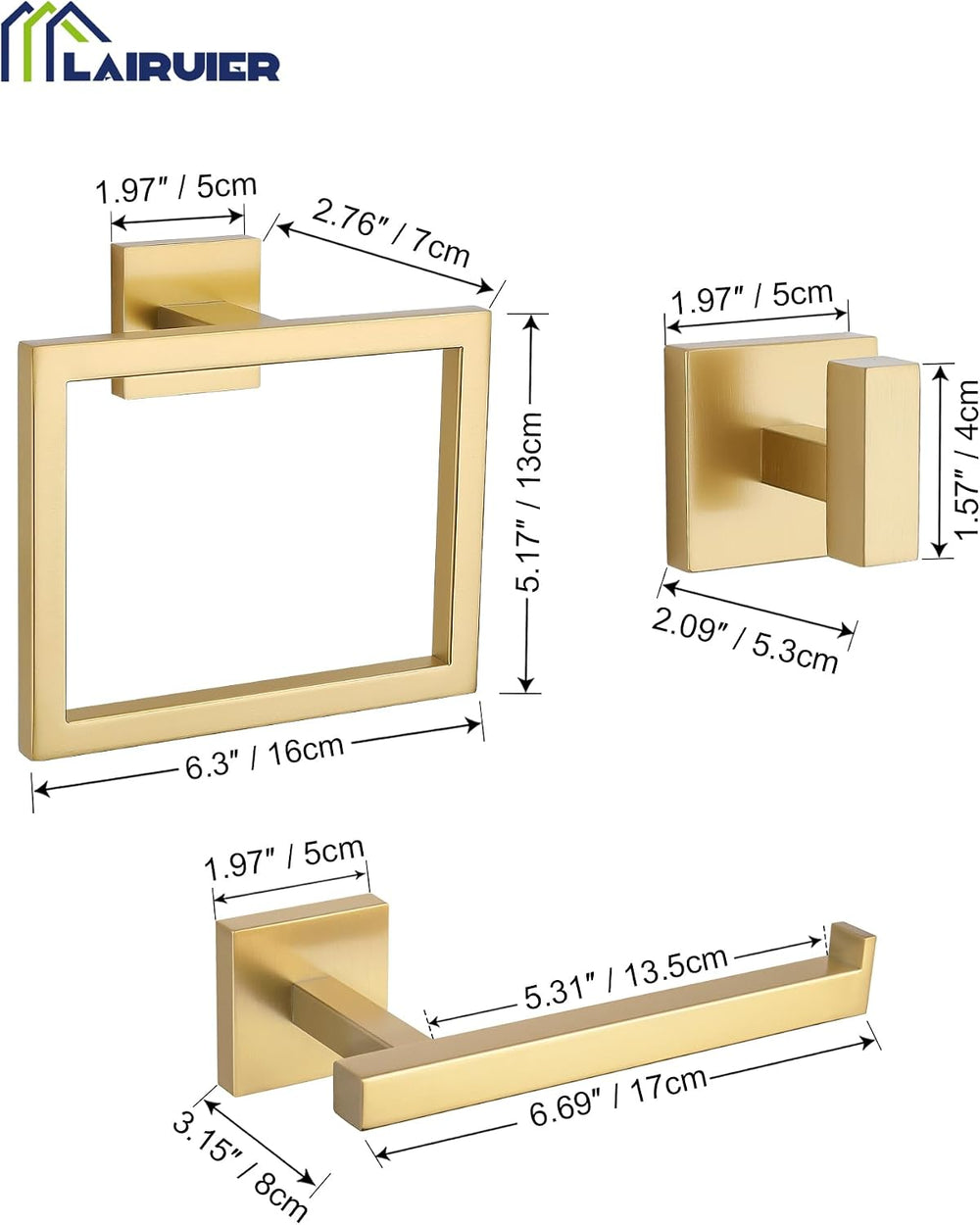 Brushed Gold Bathroom Accessories, Toilet Paper Holder, Towel Ring & Hooks