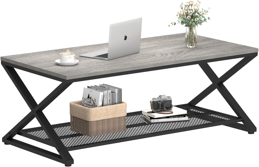 LVB Industrial Coffee Table, Metal Center Table, 47 inch, Light Grey Oak