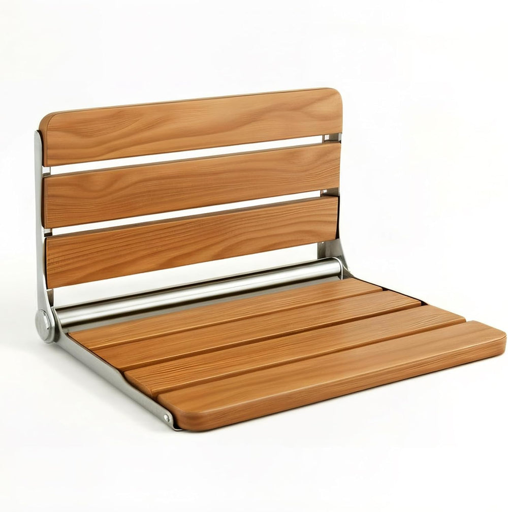Foldable Shower Seat Wall Mounted 16 in Wide, Teak Bench for Small Shower