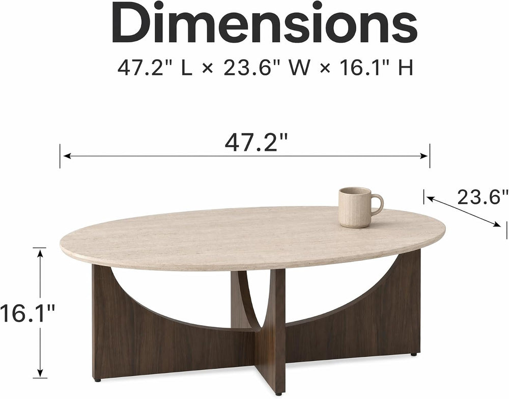 Honyee Oval Coffee Table 47 Inch, Travertine-Look Living Room Center Table