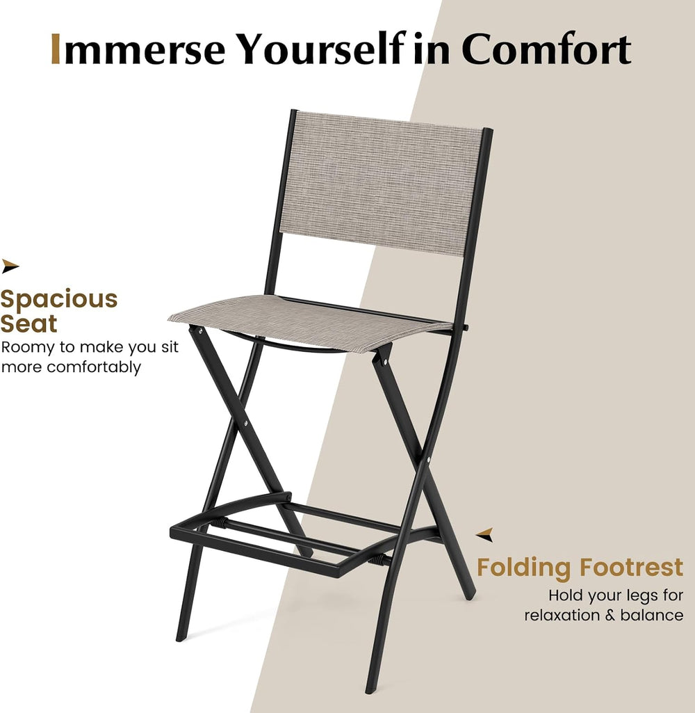 COSTWAY Outdoor Patio Folding Bar Chair Set of 4 with Metal Frame, Footrest