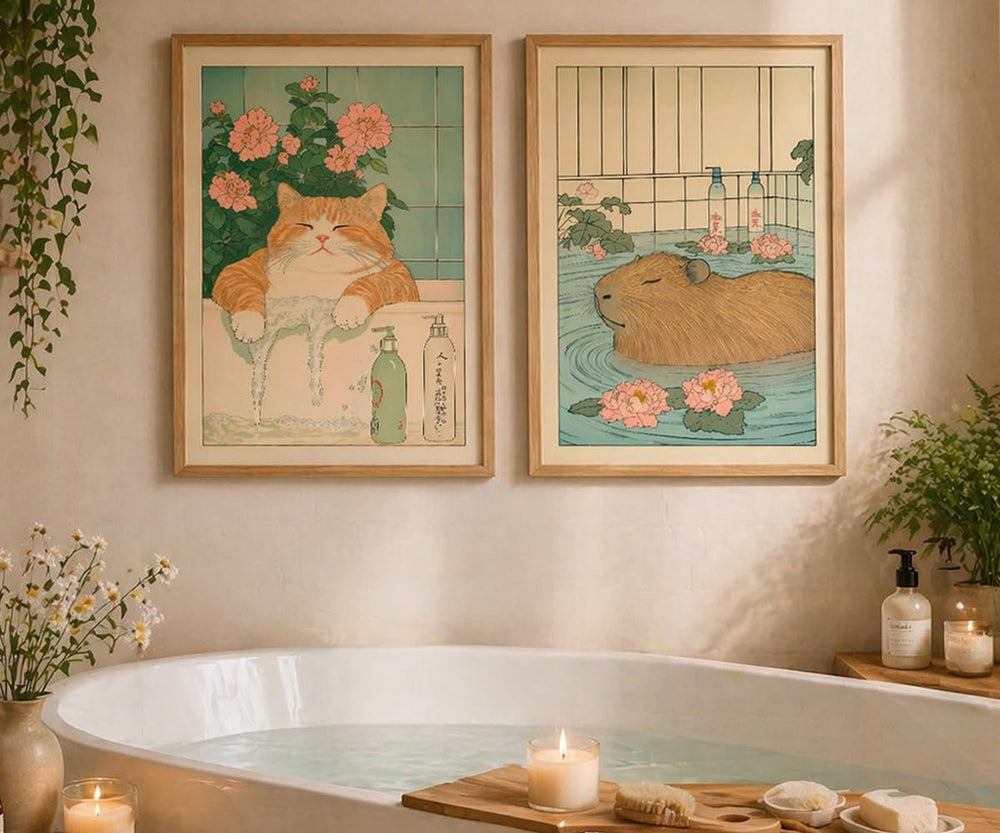 Framed Japanese Bathroom Wall Art Set of 2 Funny Cat & Capybara Bath Print