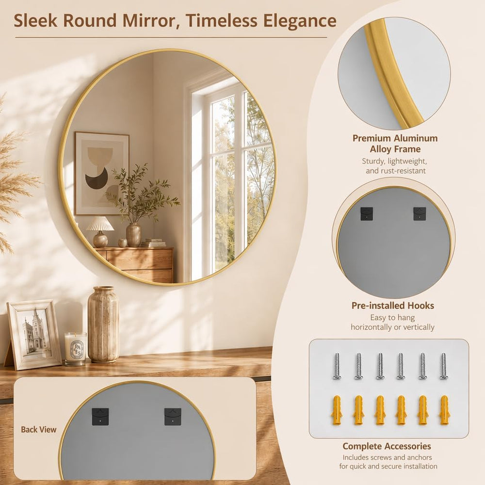 EASLY 24 Inch Round Mirror, Gold Metal Frame Wall Mirror for Bathroom