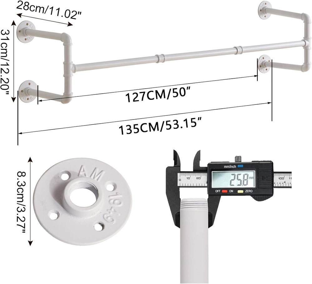 IBUYKE 50" Industrial Pipe Clothes Rack Wall Mounted, White TYJ002W
