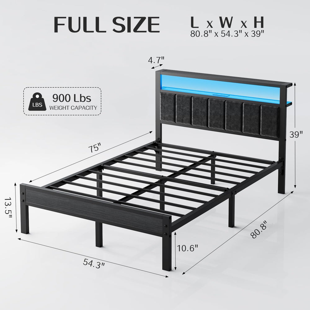 OLEVS Full Bed Frame with LED Lights & Charging Station Modern Platform Bed
