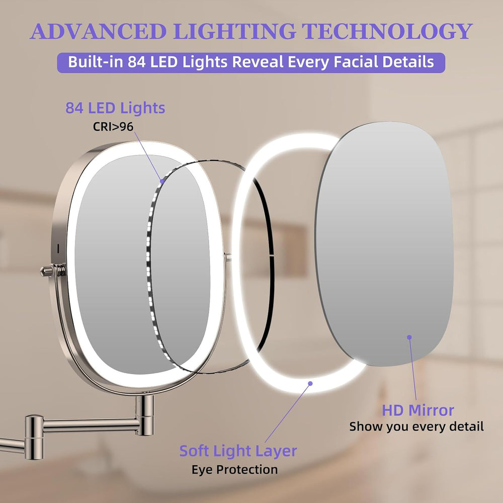 FUNTOUCH 5000mAh Rechargeable Wall Mounted Lighted Makeup Mirror,Nickel