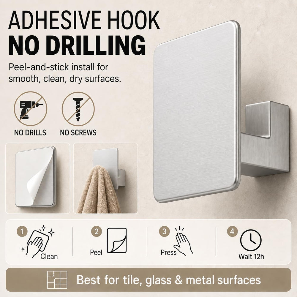 Brushed Nickel Bathroom Hardware Set, 5-Pcs + Shelf & 2 Adhesive Robe Hooks